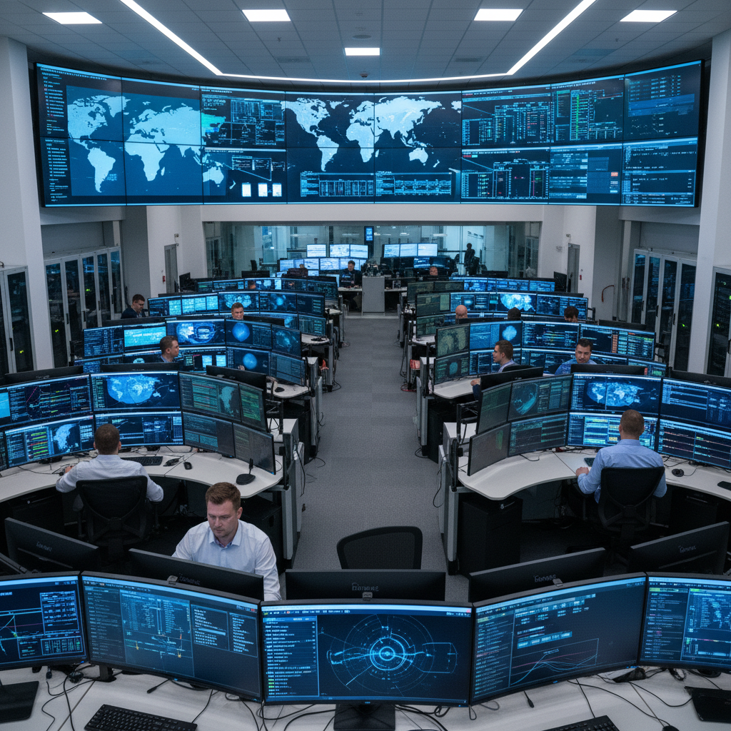 Modern fiber optic network operations center with multiple monitors displaying network status and technicians working at control stations
