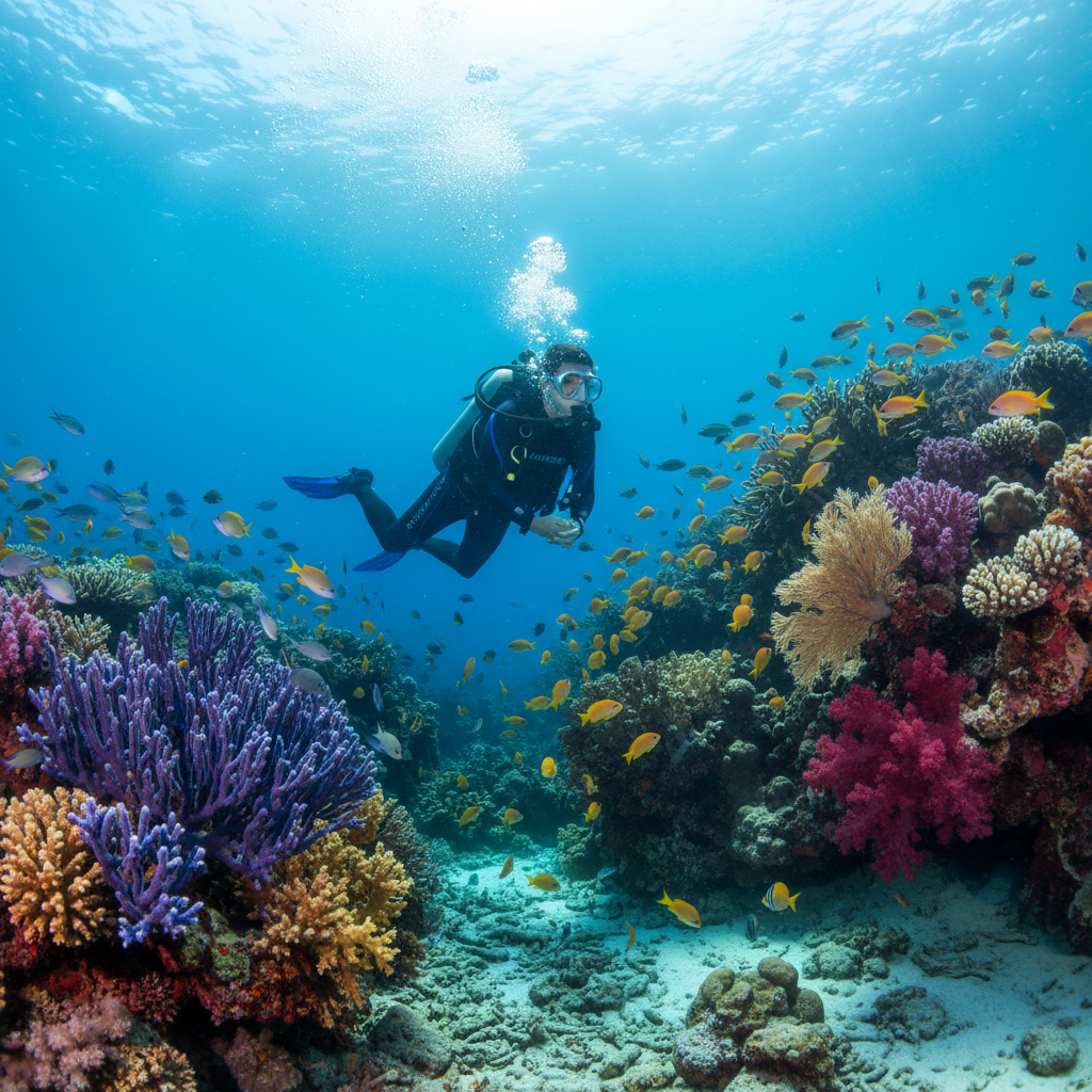 Coral reef teeming with tropical fish in Raja Ampat Indonesia