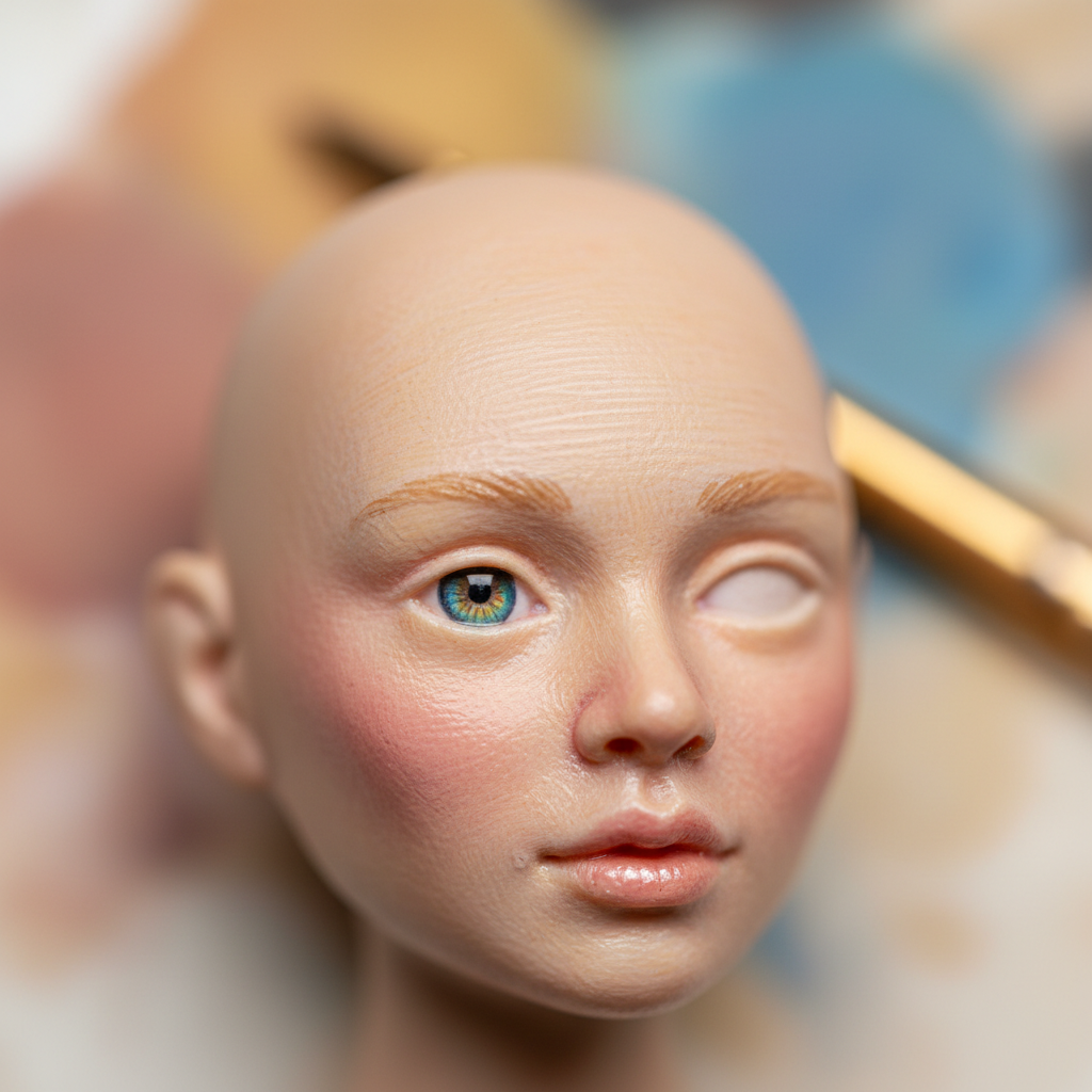 Extreme macro photograph of a miniature face showing wet-blended skin tones, individual hair-thin brush strokes visible under studio lighting