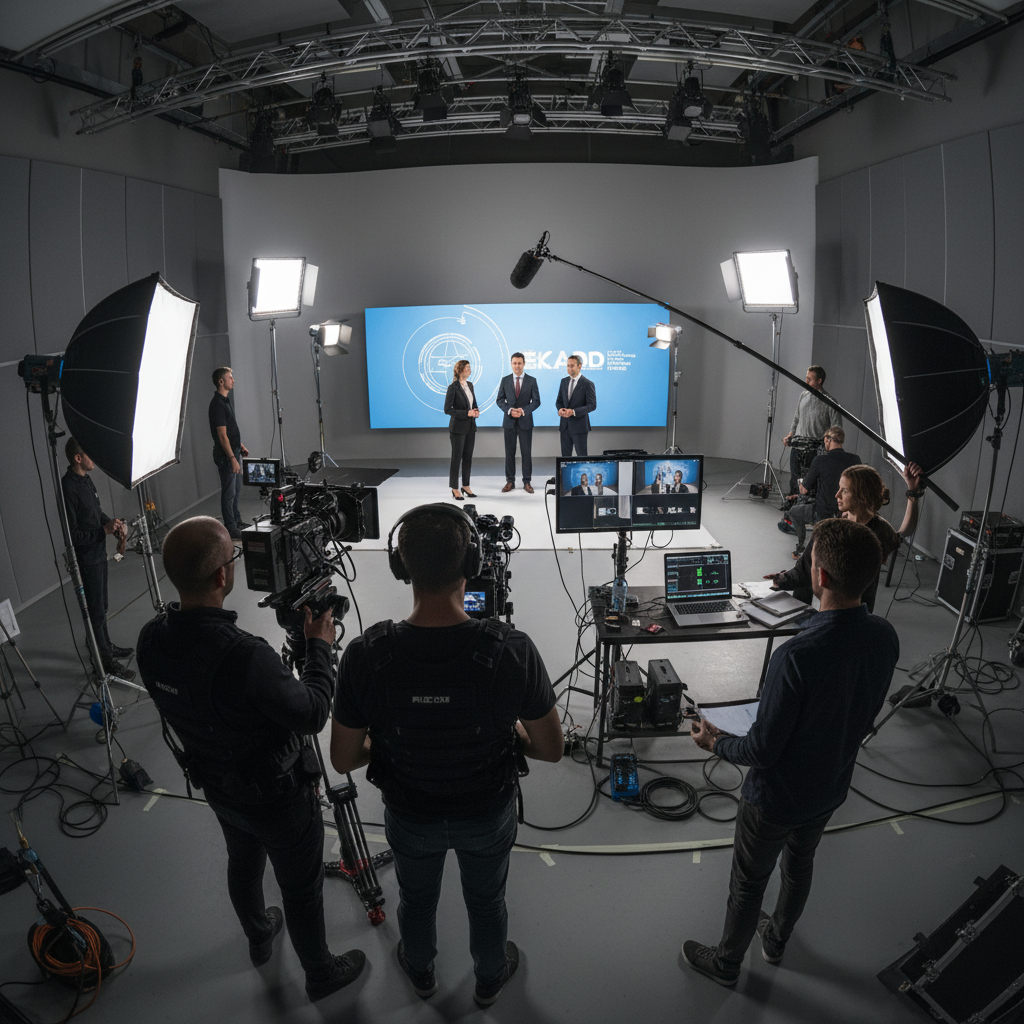 Professional video production studio with professional lighting equipment, cameras on tripods, and modern filming setup