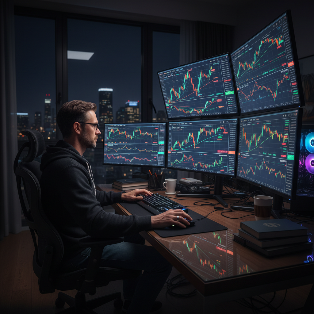 Advanced trader analyzing complex market charts and technical indicators on multiple screens