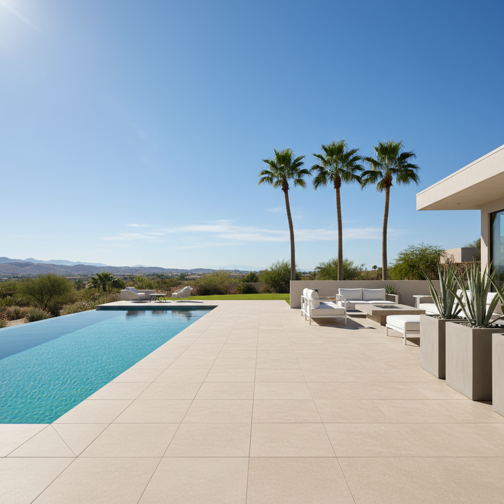 Outdoor patio with slip-resistant porcelain tile adjacent to a pool in a Scottsdale desert-modern home