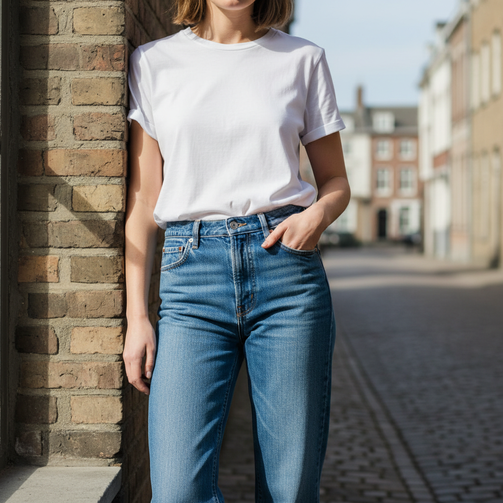 Woman in blue denim straight-cut jeans, casual western fashion