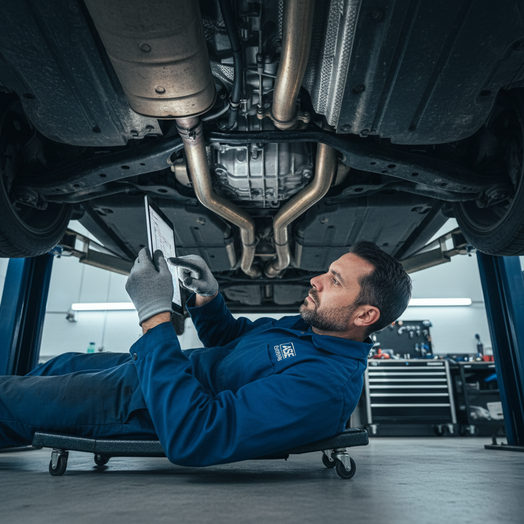 ASE certified mechanic in Phoenix Arizona auto shop performing vehicle inspection under bright workshop lighting