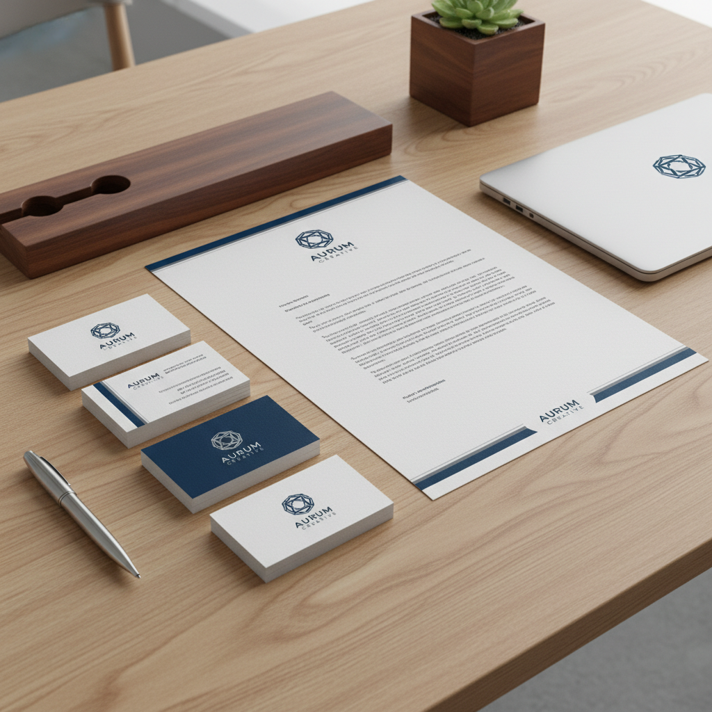Professional brand identity design mockup showing business cards, letterhead and logo on dark desk surface