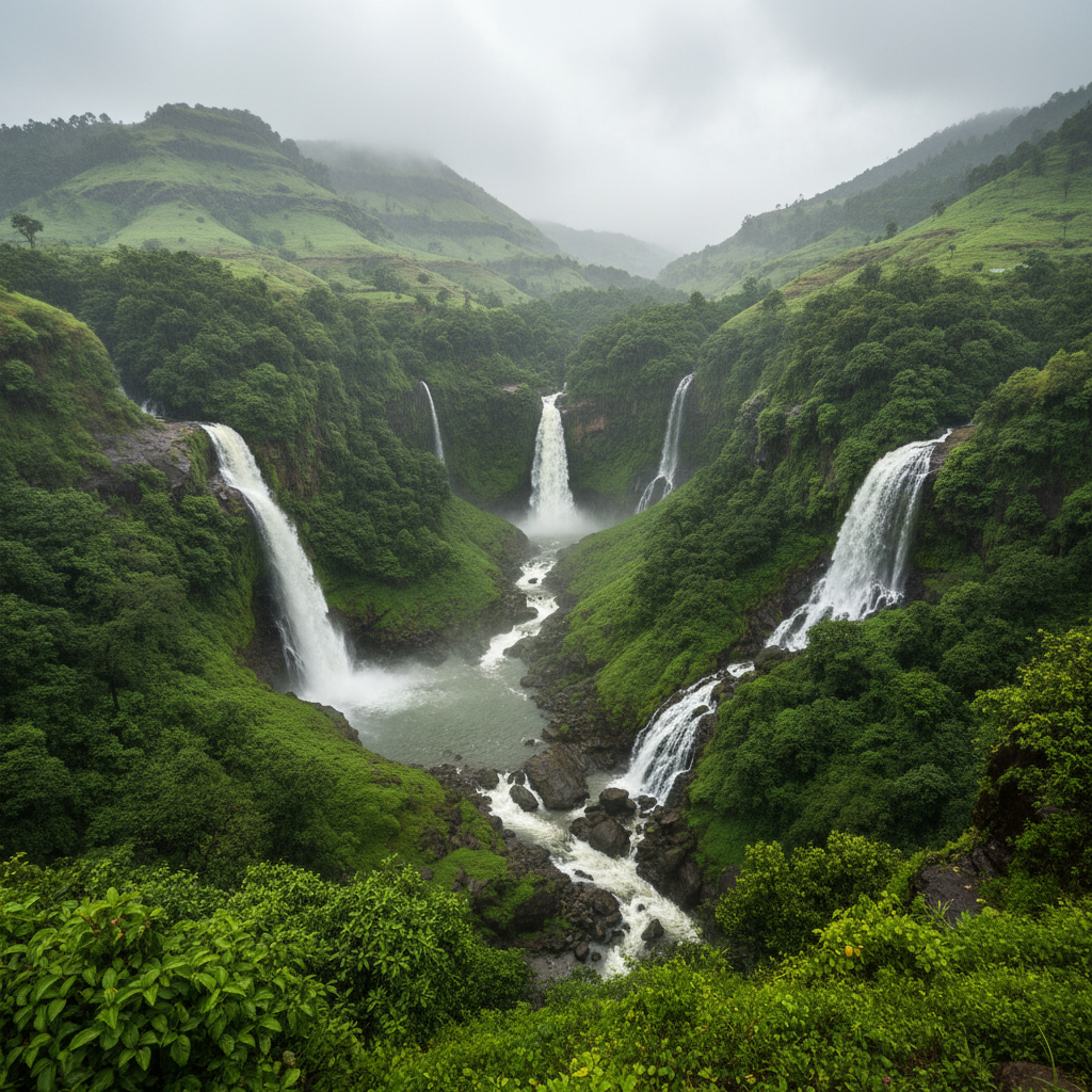 Lush green valleys and waterfalls in Lonavala during monsoon season