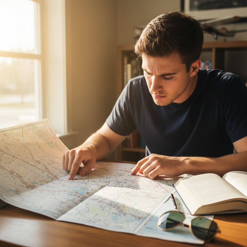 Tomás Guerrero, student pilot, reviewing a sectional chart at a flight school desk with an aviation textbook open beside him