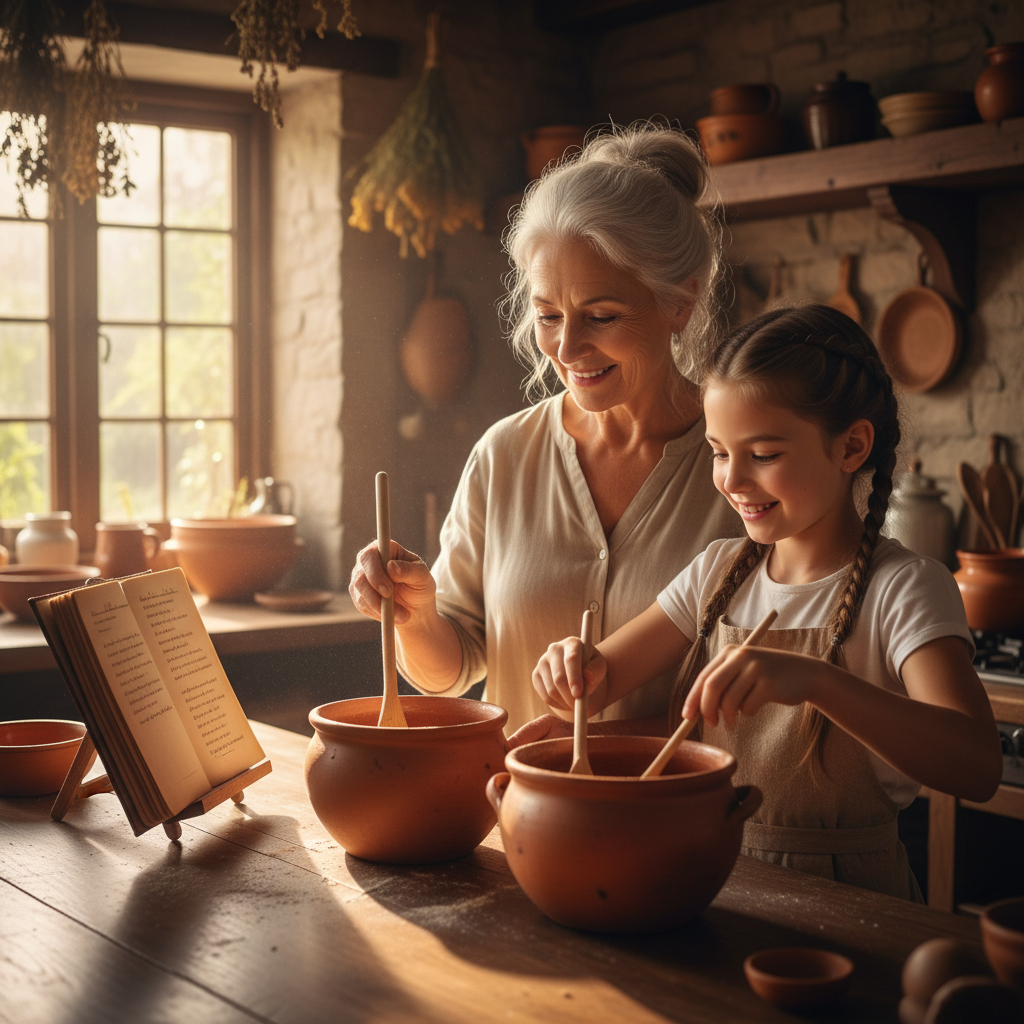 Grandmother and grandchildren cooking together at a kitchen counter, laughing and stirring a pot