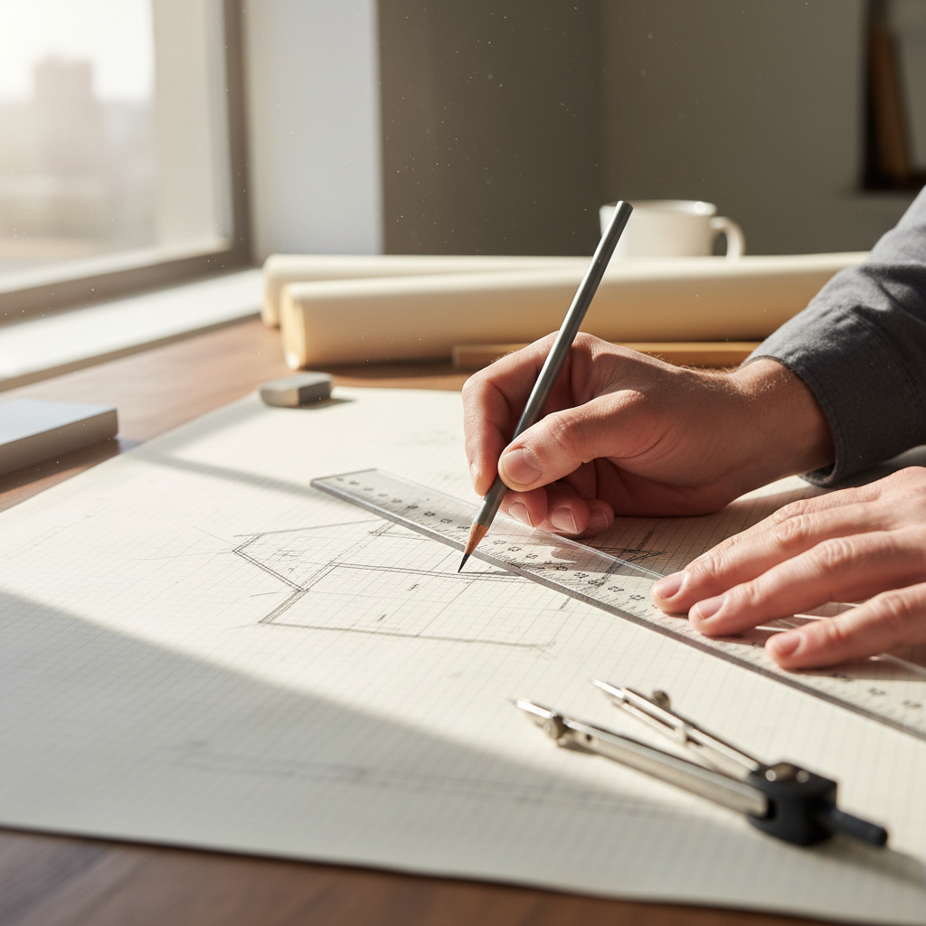 Architect sketching hand-drawn plans for a rural farmhouse on a wooden drafting table with pencils and natural light