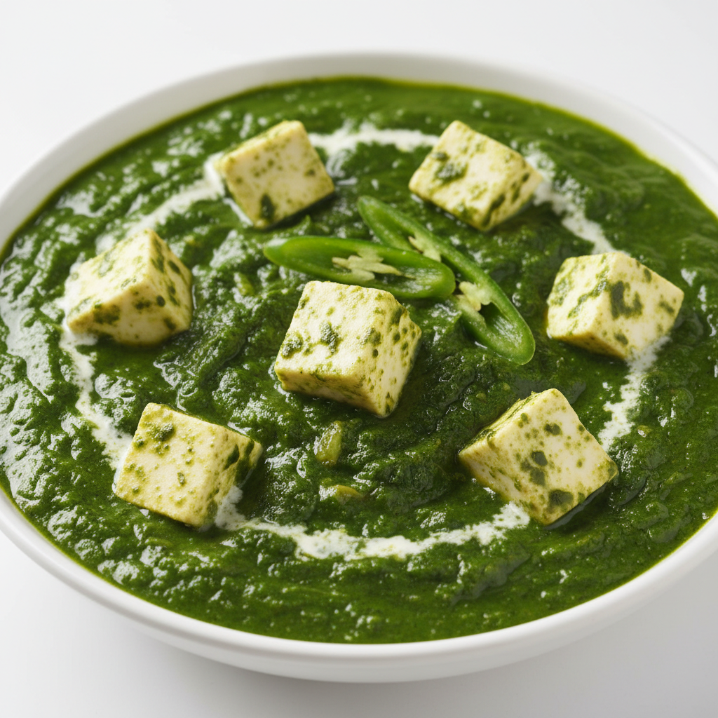 Palak Paneer — Fresh cottage cheese cubes in a velvety spinach gr