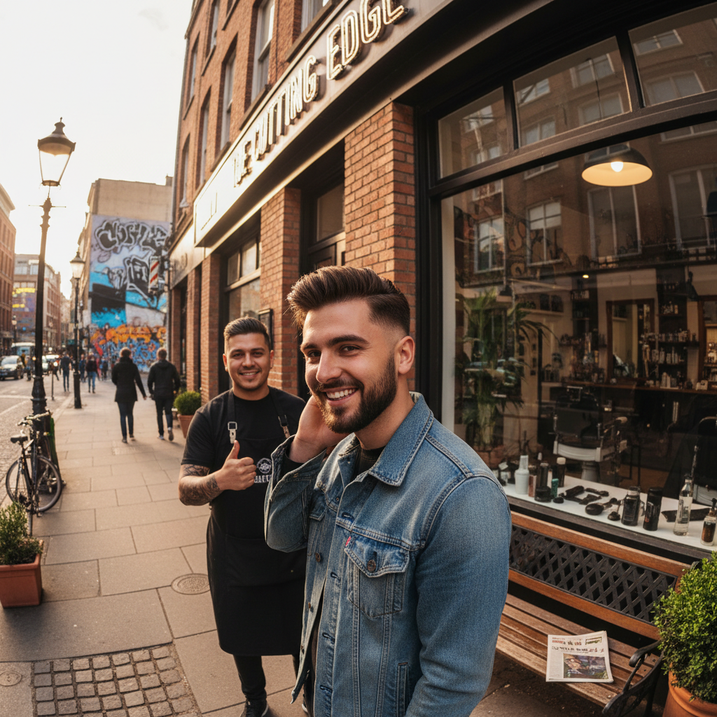 Client outside barbershop on sidewalk showing off cut