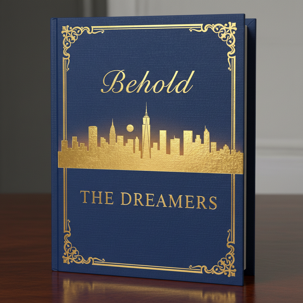 Blue and gold book cover with New York skyline silhouette, Behold the Dreamers