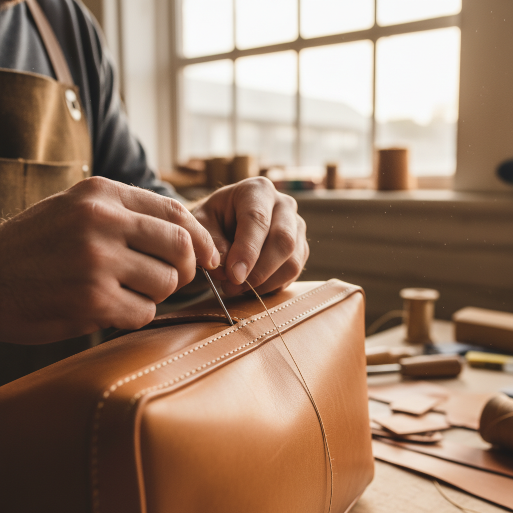 SLF atelier craftsmanship — artisan hands carefully stitching leather in a sun-lit Florence workshop surrounded by tools and fine materials