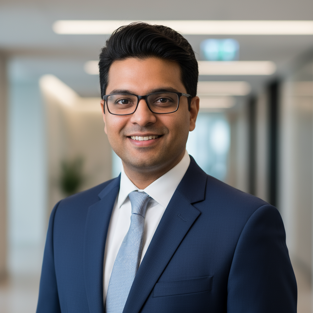 Professional headshot of middle-aged Indian man with glasses in business attire