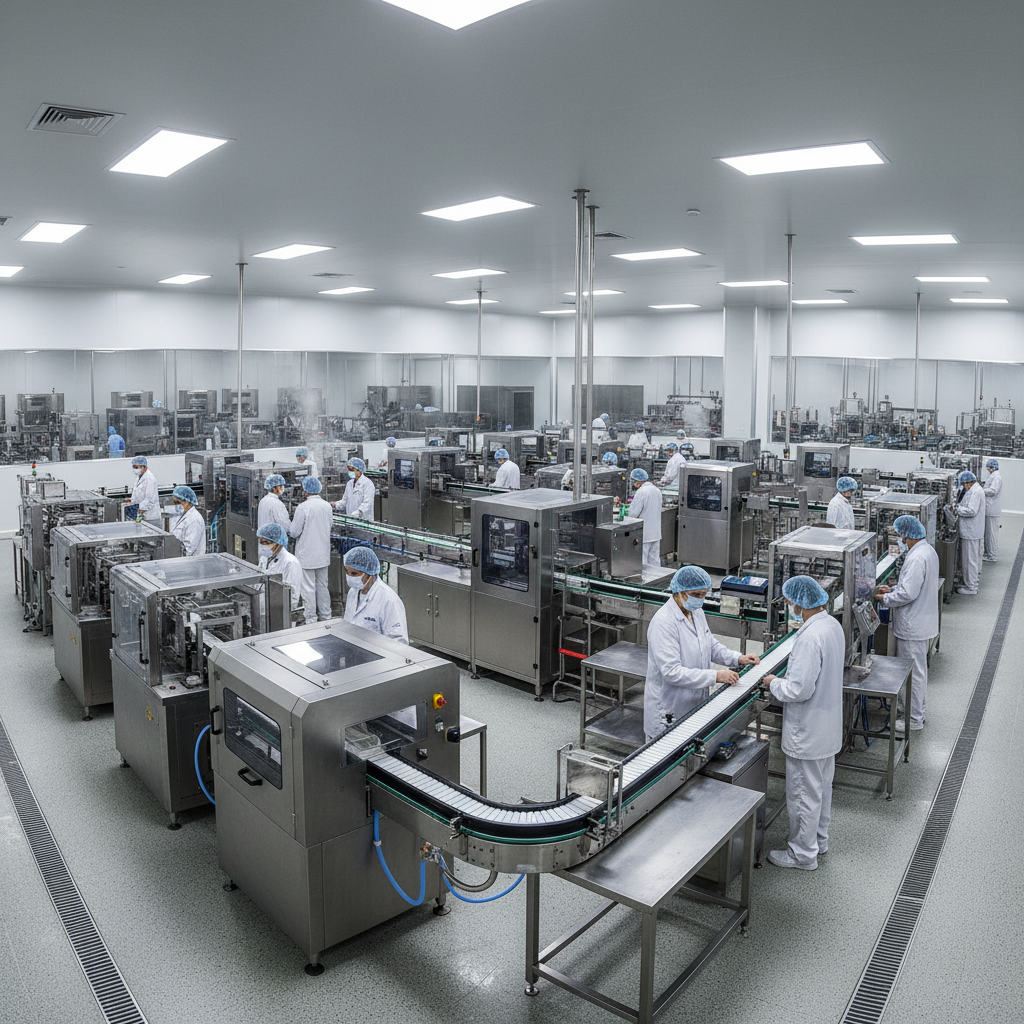 Food manufacturing facility with stainless steel equipment and workers in hairnets