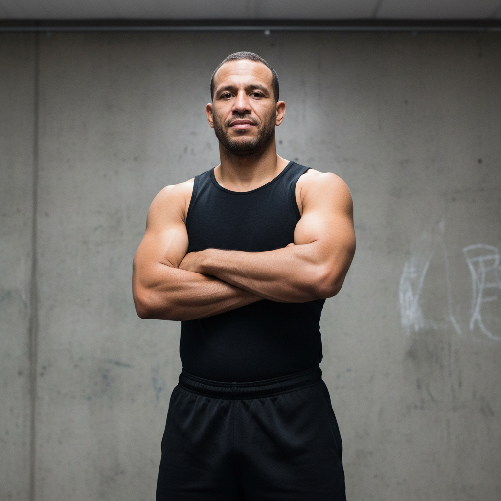 Head boxing coach Marcus Delgado in gym, arms crossed, wearing black ring shorts, concrete wall behind him