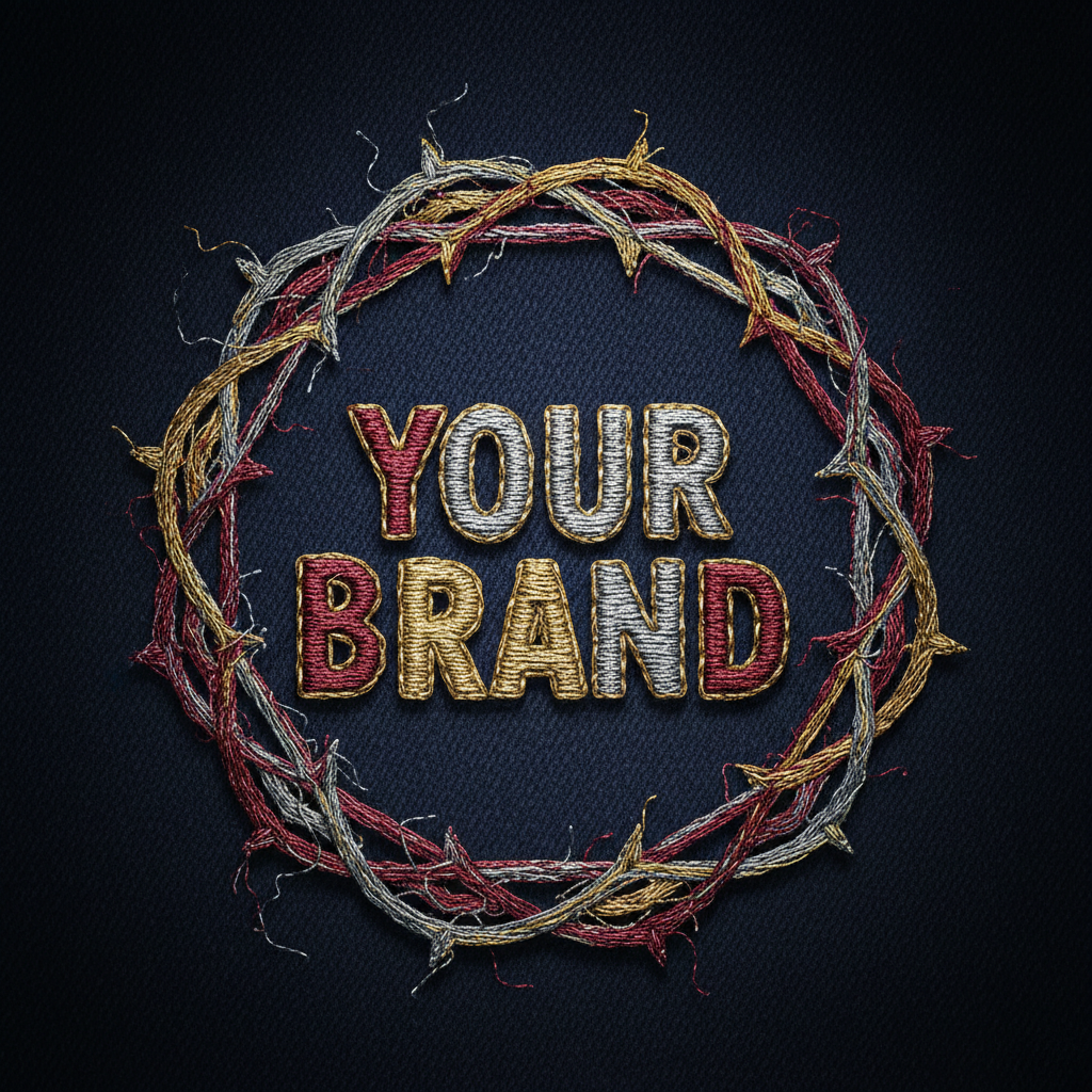 Close-up of embroidered logo on dark navy hoodie, textured thread detail, dramatic side lighting