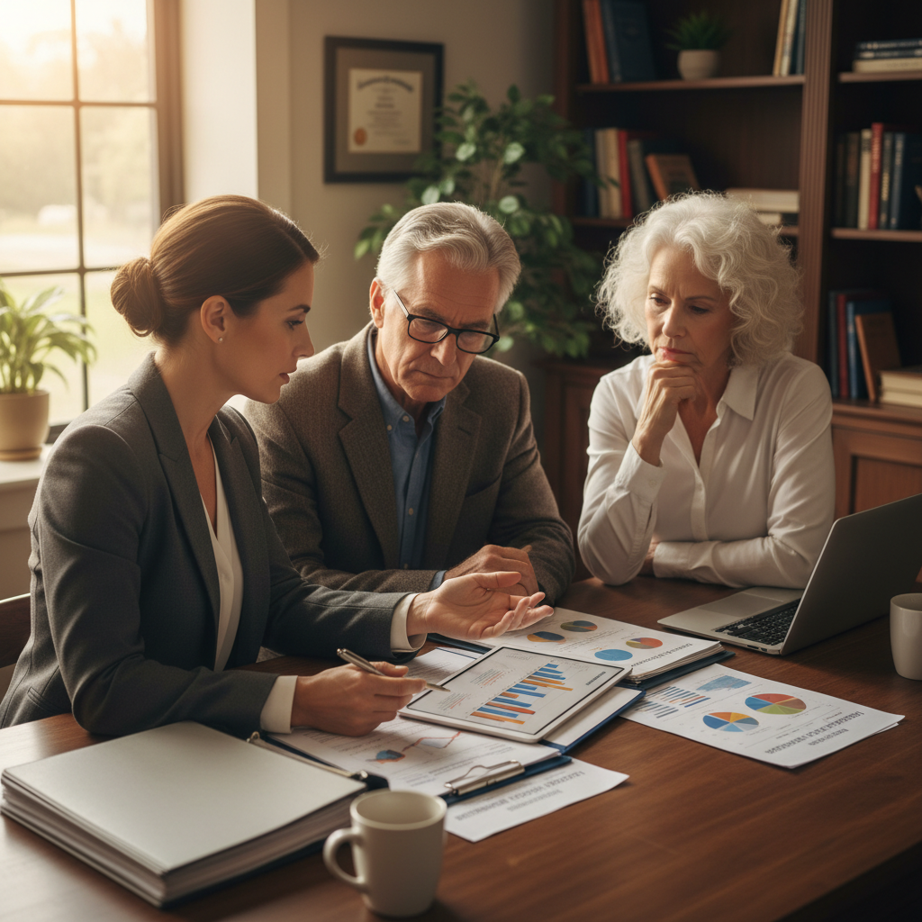 Professional couple discussing their wealth management experience