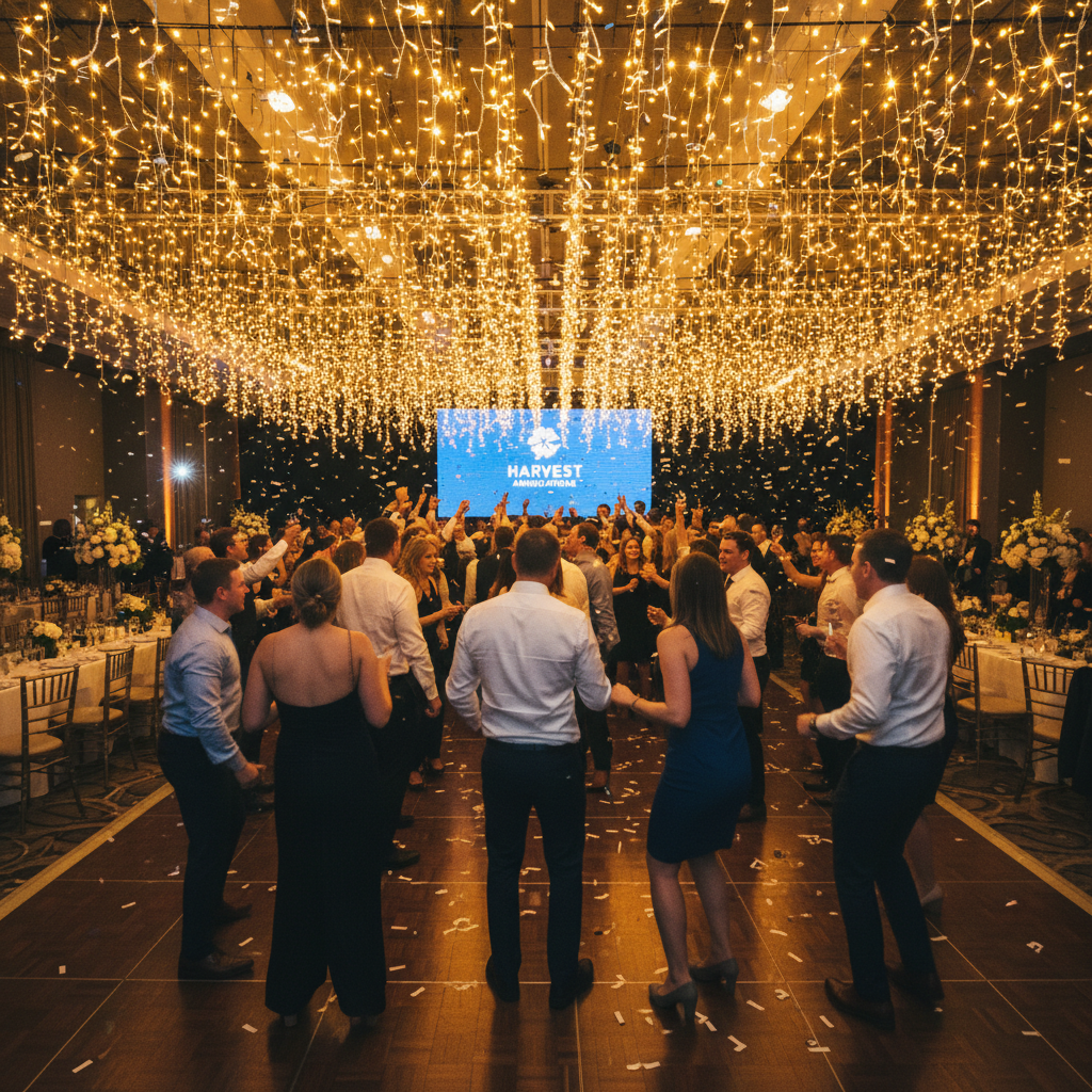Outdoor evening corporate gala with string lights, dark sky, warm amber illumination on crowd