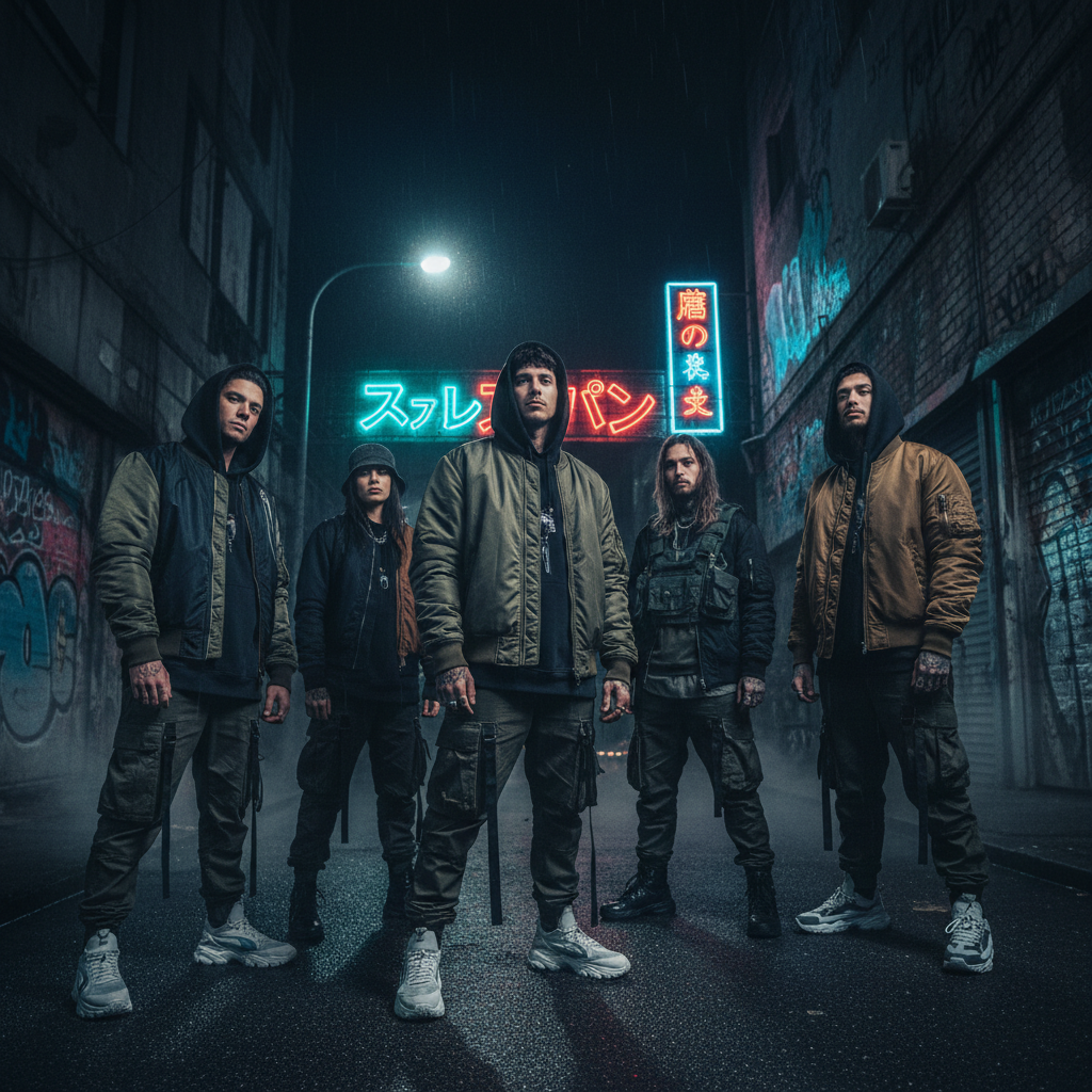 Fashion runway models in trendy streetwear, bold colors, dynamic poses, dark atmospheric setting