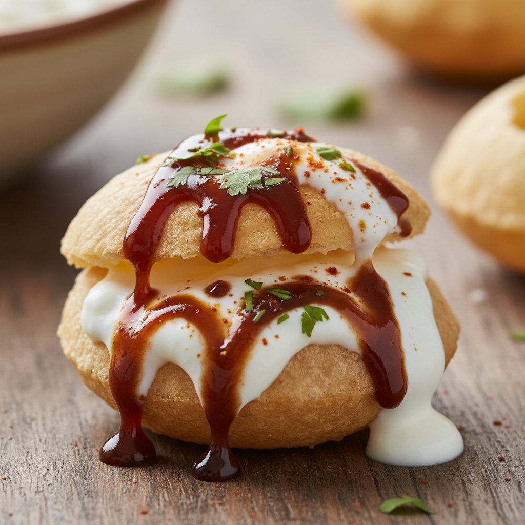 Dahi puri with yogurt and colorful chutneys on white plate