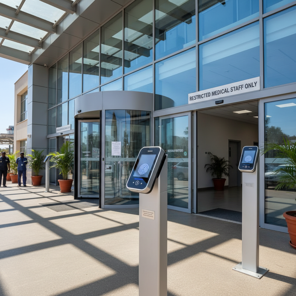 Access control system installed at Kenyan hospital entrance and restricted areas, biometric readers at medical facility doors