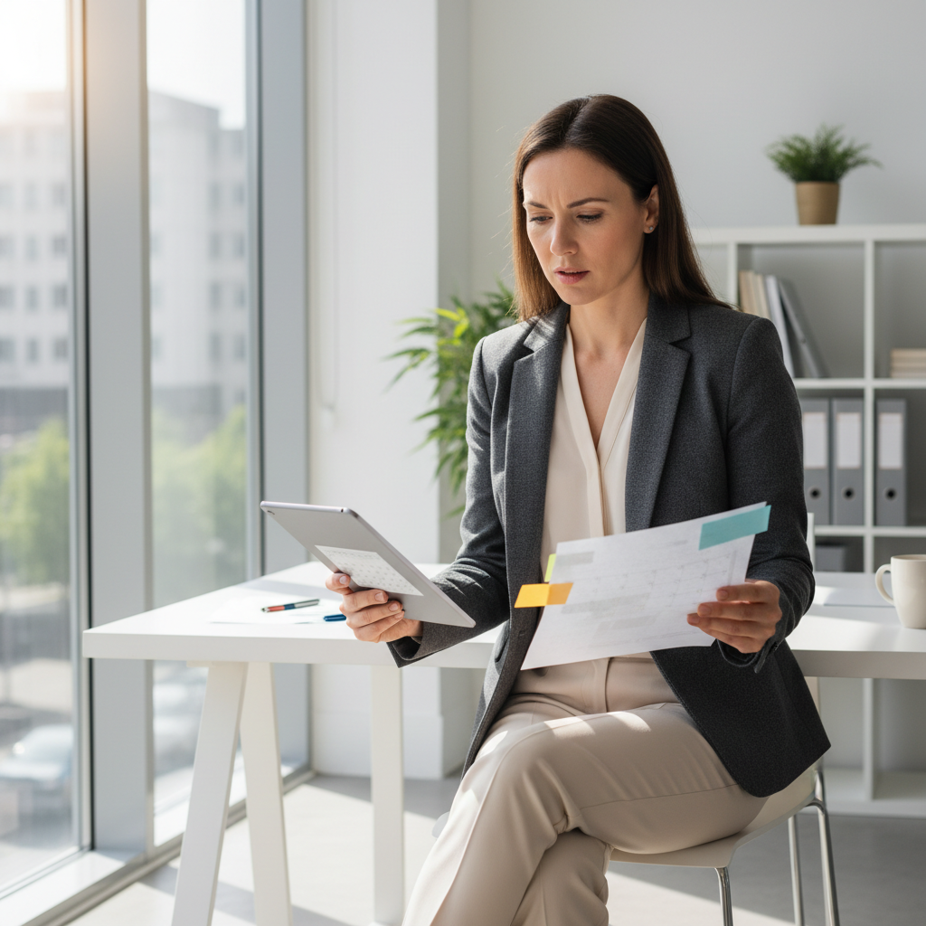 Professional woman reviewing event plans at a bright desk