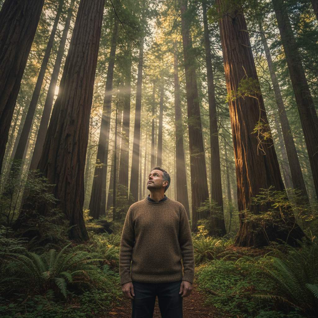 Man in thoughtful outdoor setting, soft natural light, expression of peace and transformation, trees in background