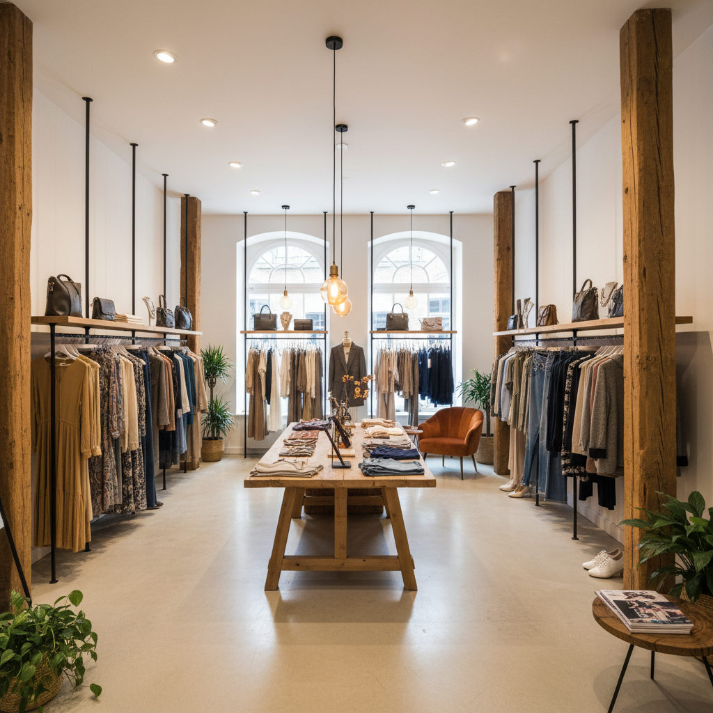 Boutique interior with warm lighting, curated clothing display and wooden fixtures