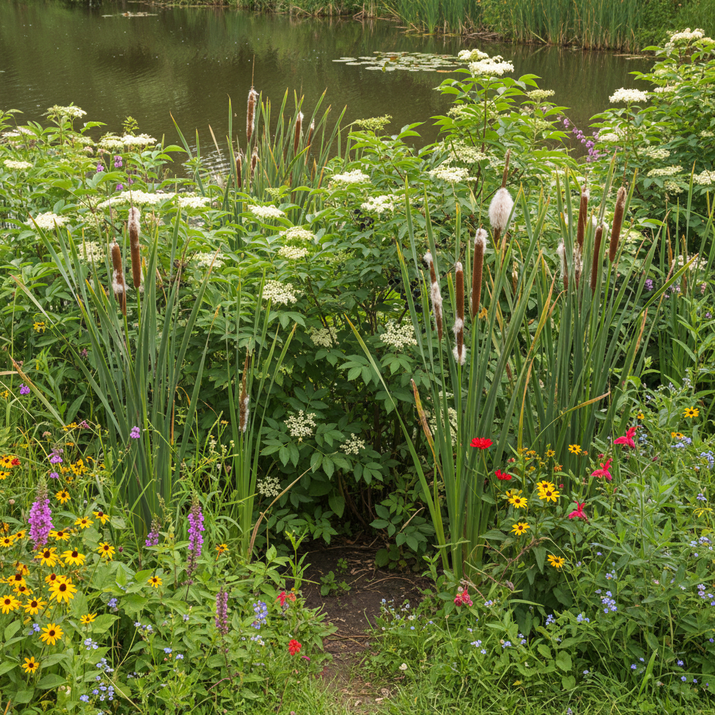 Lush pond margin with cattails, elderberry shrubs, and wildflowers creating a dense productive edge habitat