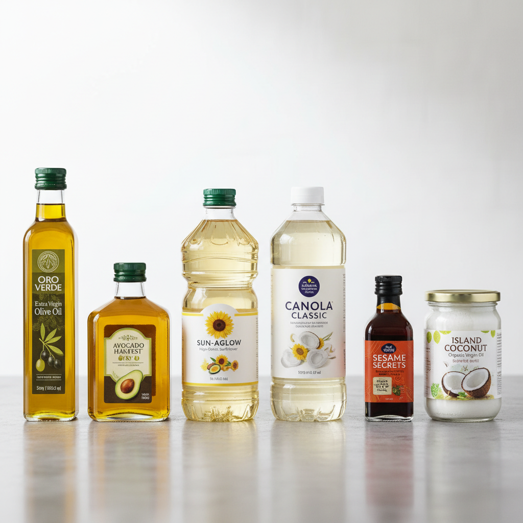 Multiple cooking oil varieties displayed side by side for comparison showing different oil types