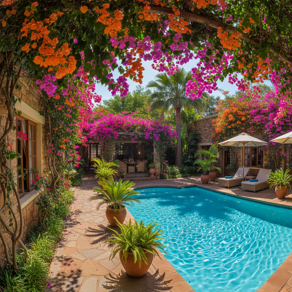 Batonka guesthouse garden with bougainvillea and plunge pool
