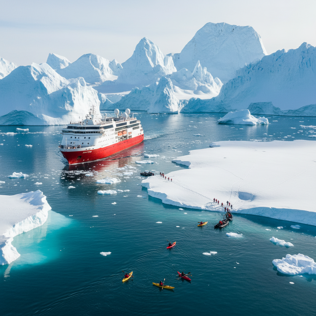 Expedition ship navigating through icebergs in Antarctica with penguins on an ice floe