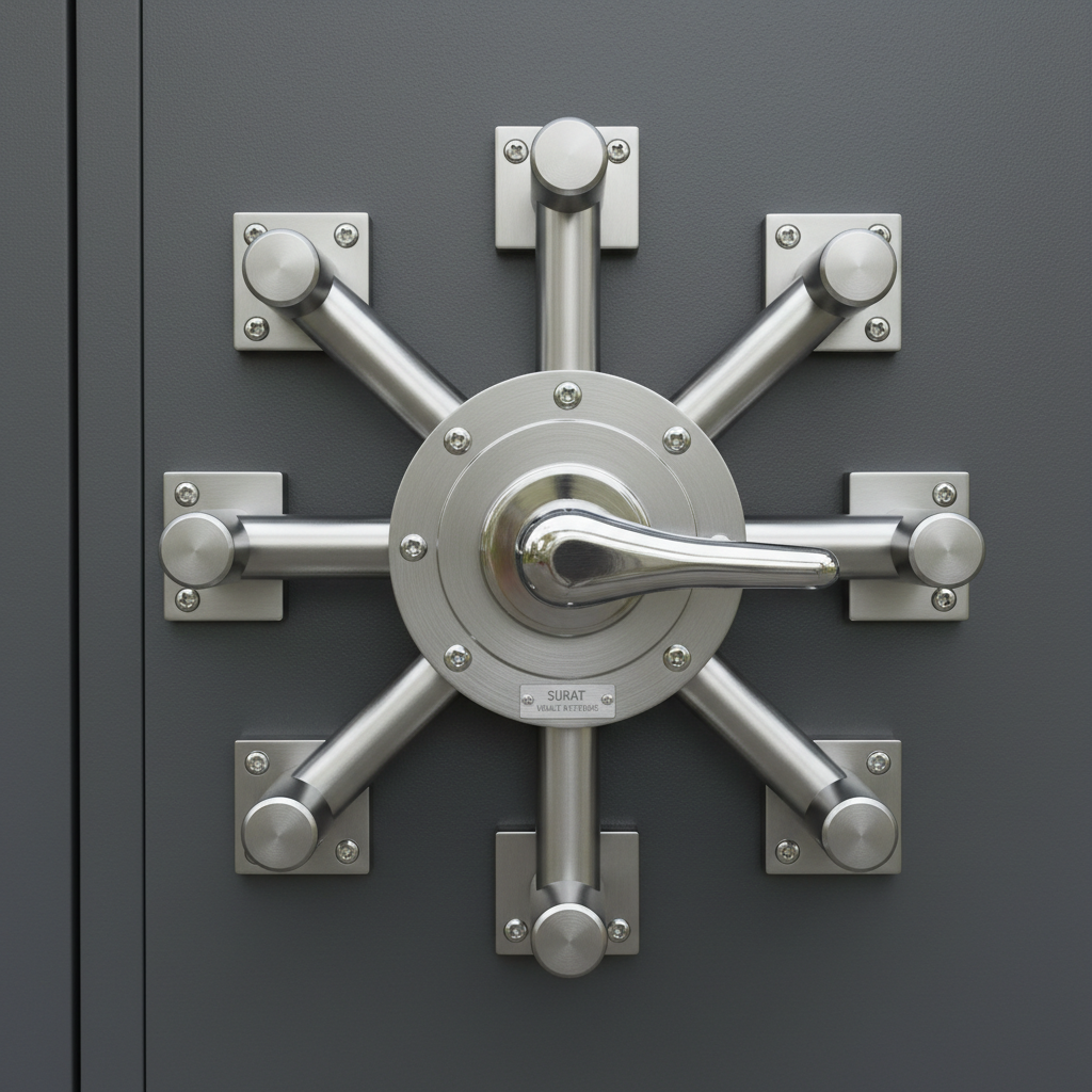 Heavy steel multi-point locking hardware installed on a Surat commercial vault door with chrome lever handle and security bolts