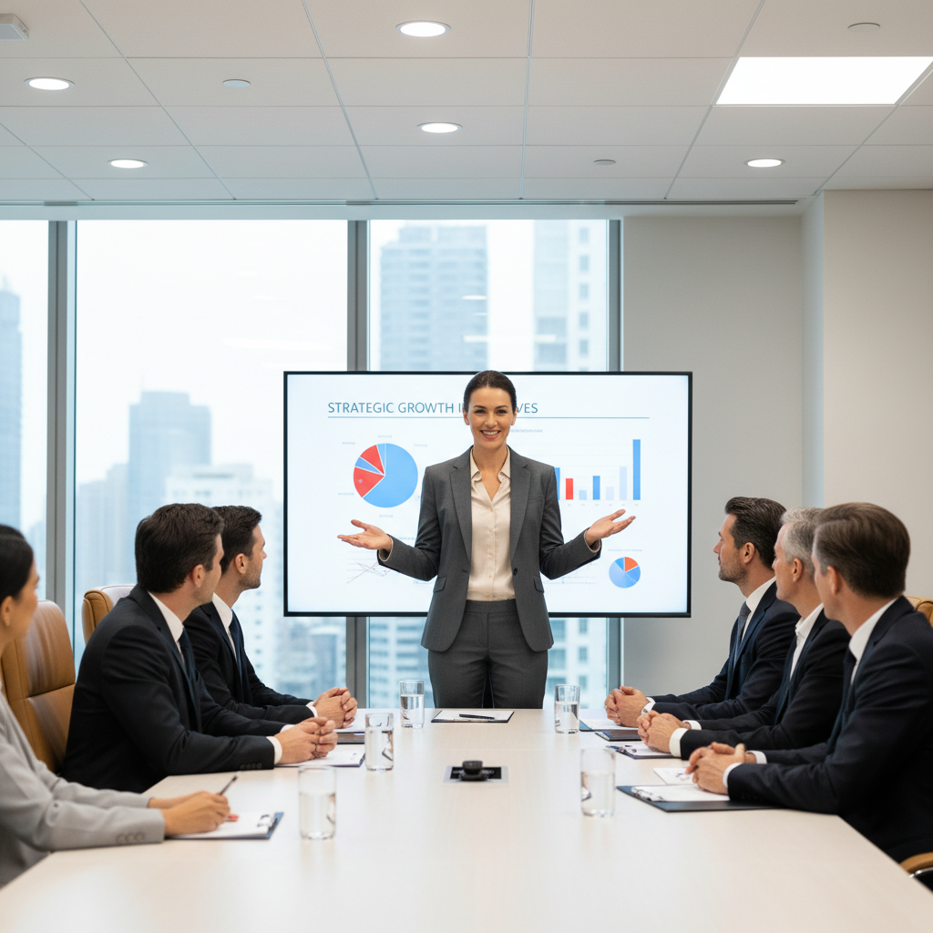 Senior female executive in professional attire at board table, warm boardroom lighting, dark wood furnishings, authoritative atmosphere