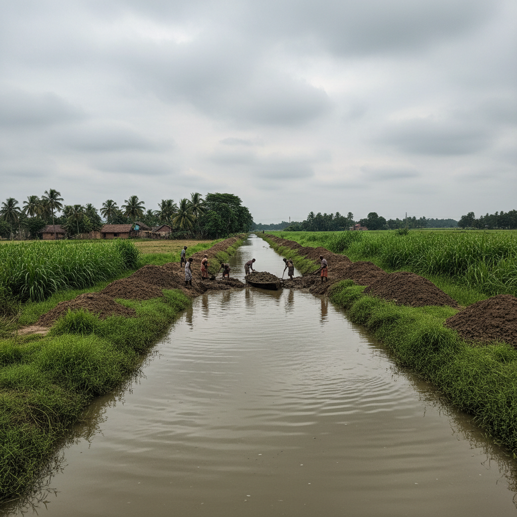 Wide canal in West Bengal with earthwork and desiltation in progress, green banks, overcast sky, rural landscape