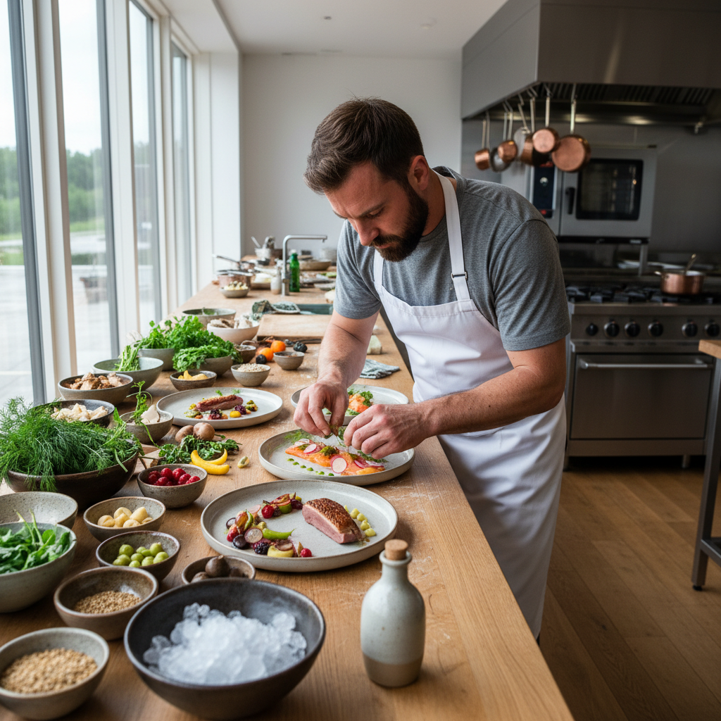Chef hands preparing fresh ingredients in a warm kitchen
