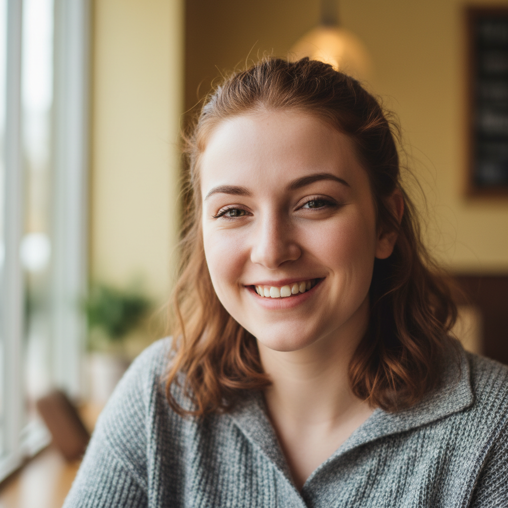 Jeune femme rousse souriante avec fond intérieur lumineux