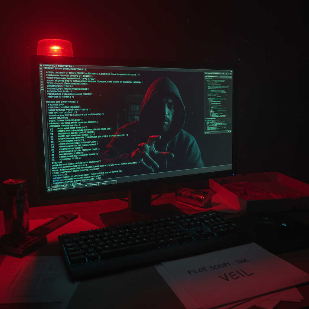 Dark hooded figure at glowing computer screen in dark room, cybersecurity atmosphere