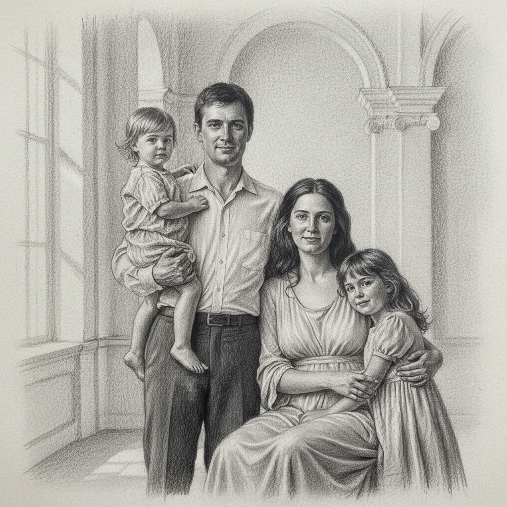 Caricature de groupe représentant une famille, dessinée à la main sur papier d'art