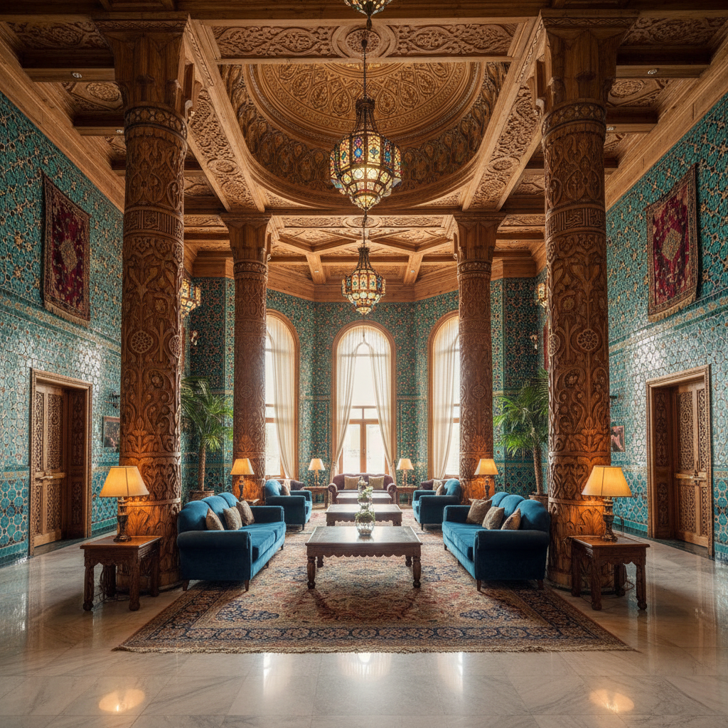 Elegant hotel lobby with traditional Kashmiri decor and warm lighting