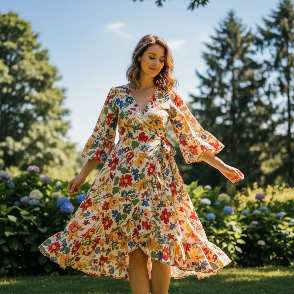 Woman in floral wrap dress, bright outdoor natural light setting
