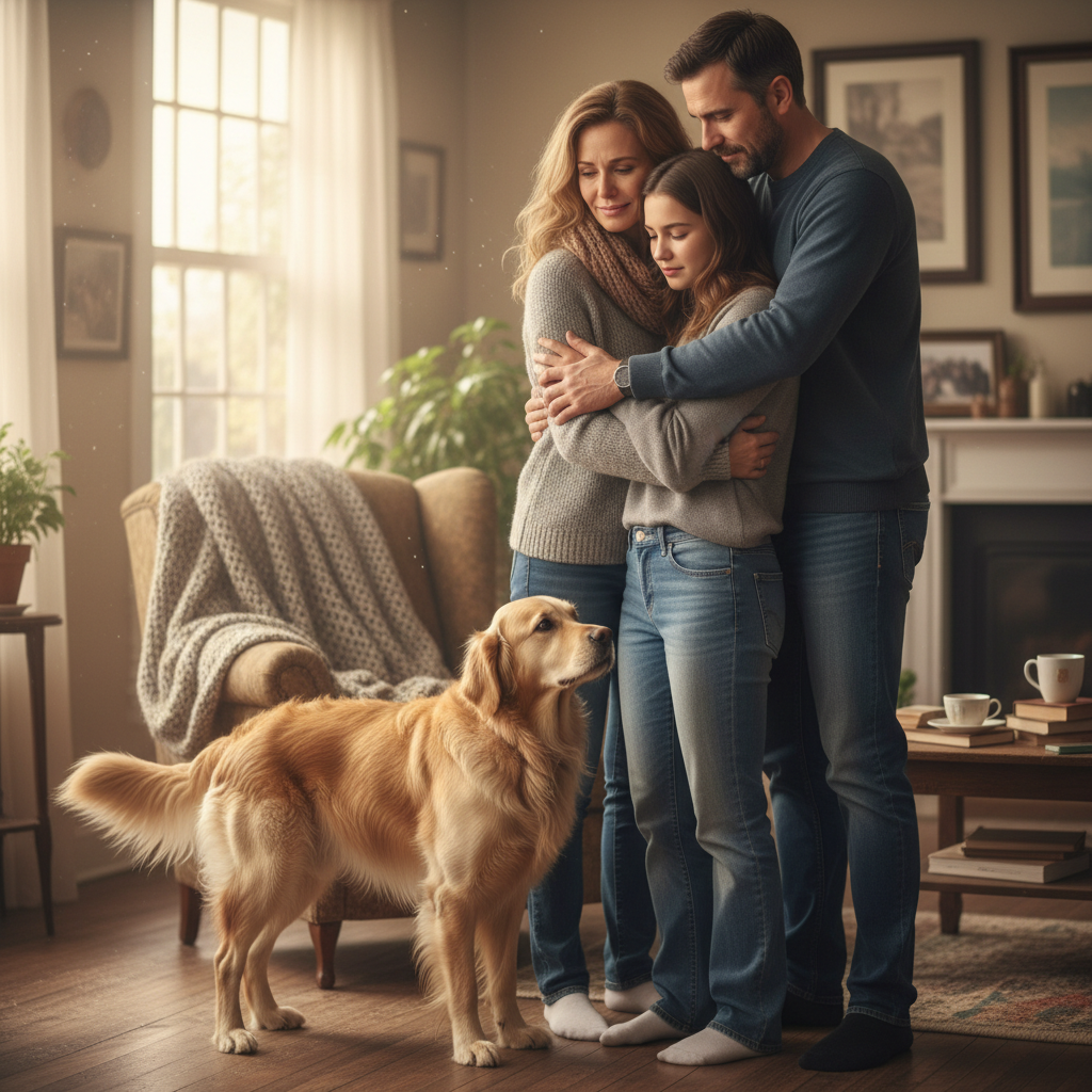 Family hugging golden retriever on living room couch