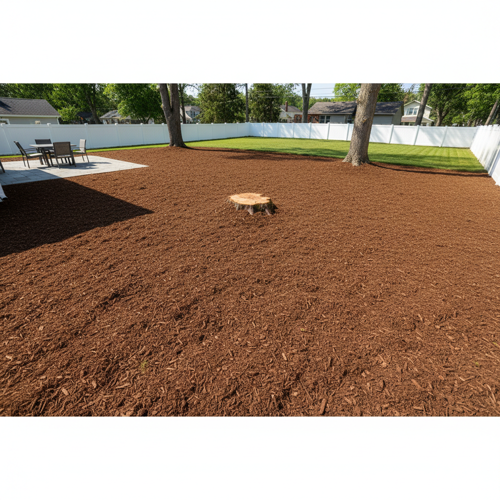 Clean backyard after tree removal with fresh mulch and no debris, showing Canopy cleanup guarantee results