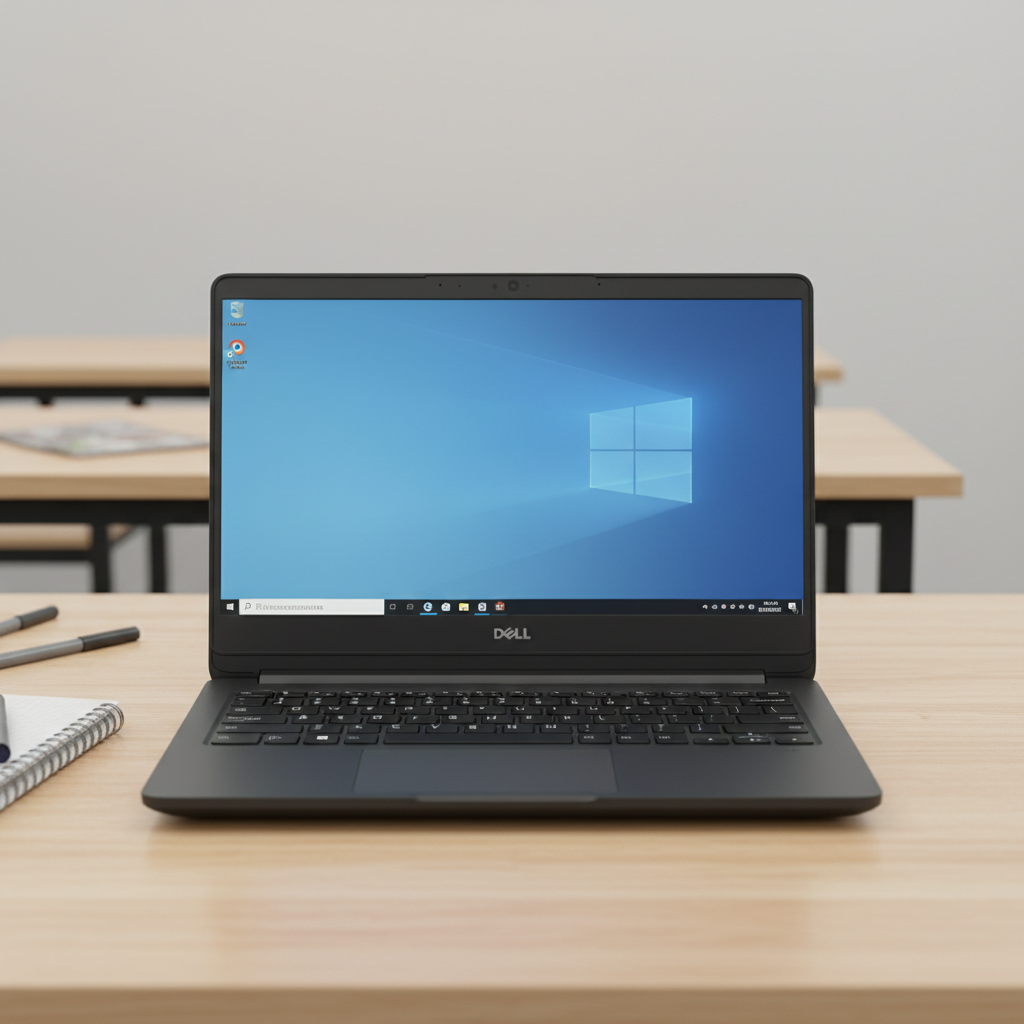 Dell Latitude business laptop open on clean desk, professional design