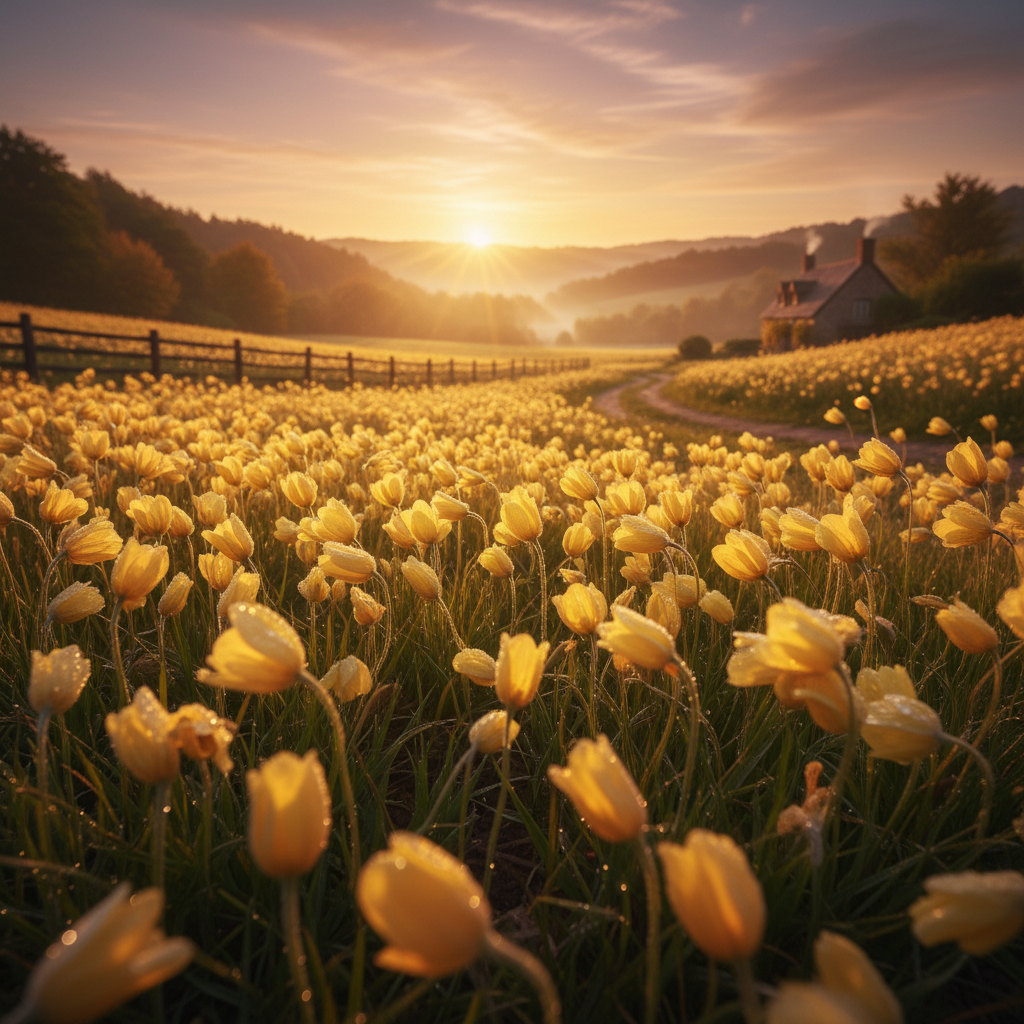 Soft golden wildflowers photographed by a young camper, slightly blurry and warmly lit