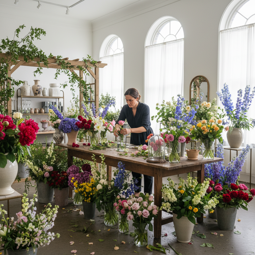 Florist arranging centerpieces in hotel ballroom
