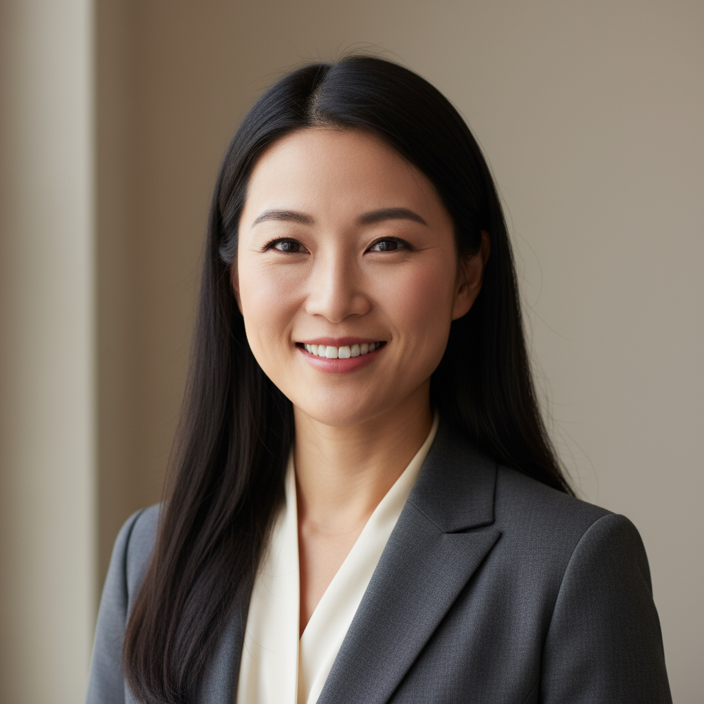 Professional Asian woman with long black hair in navy blazer smiling confidently