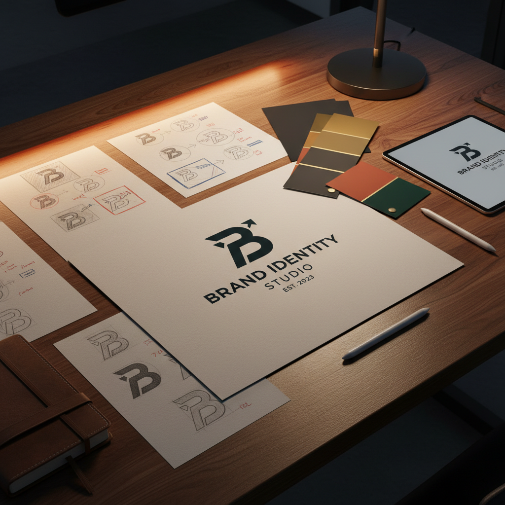 Dark studio workspace with brand identity mockups spread across table, warm amber lighting, rich brown tones