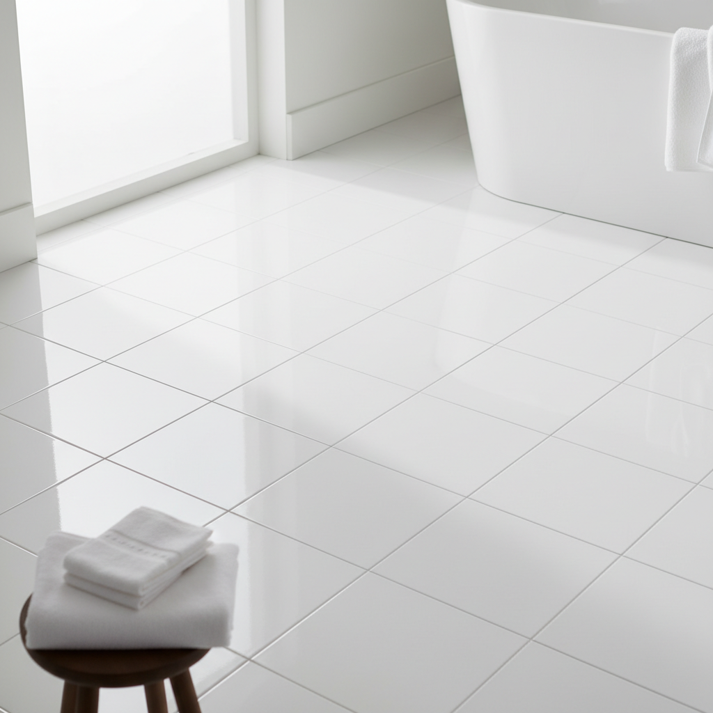 Immaculate white bathroom with sparkling tiles, clean grout lines, and bright ambient lighting